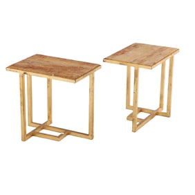 PAIR OF GILT IRON MARBLE TOP END TABLES HAVING INSET TOPS.