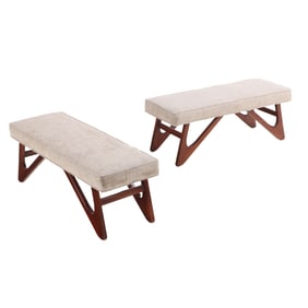 PAIR OF WALNUT ANGULAR UPHOLSTERED BENCHES IN THE MANNER OF VLADIMIR KAGAN HAVING NEW FABRIC.