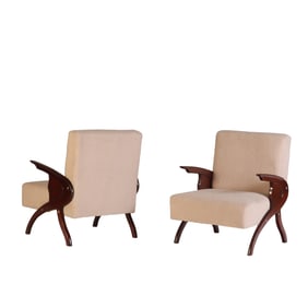 UNUSUAL PAIR OF UPHOLSTERED LOUNGE CHAIRS HAVE FLOATING ARMS AND NEW FABRIC.