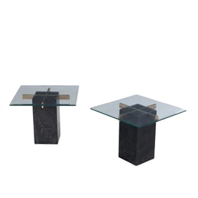 PAIR OF GLASS AND MARBLE END TABLES C 1985. LABELED ARTEIM.