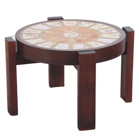 ROUND FRENCH WOOD AND TILE END TABLE ATTRIBUTED TO ROGER CAPRON C 1970.