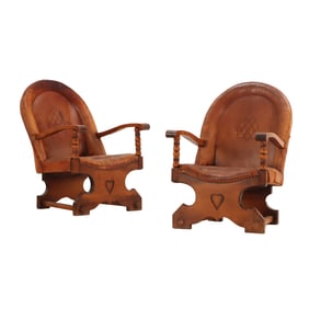 PAIR WOOD AND LEATHER OPEN ARM CHAIRS C 1960 WITH HEART DESIGN.