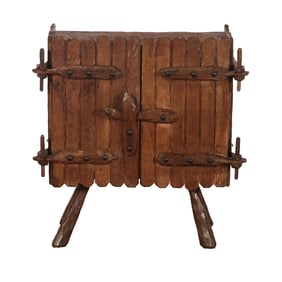 TWO DOOR RUSTIC MODERN CABINET MADE FROM HAND HEWN LUMBER C 1940.