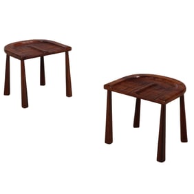 PAIR GOUGE CARVED MODERN RUSTIC FOUR LEG STOOLS.