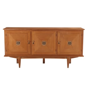 FRENCH OAK THREE DOOR SIDEBOARD WITH GEOMETRIC DETAILS C 1955.