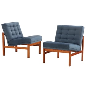 PAIR OF DANISH STYLE SLIPPER CHAIRS WITH BUTTON BACK UPHOLSTERY AND NEW FABRIC C 1950.