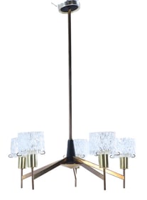 FIVE ARM IRON AND BRASS CHANDELIER WITH GLASS SHADES C 1950.