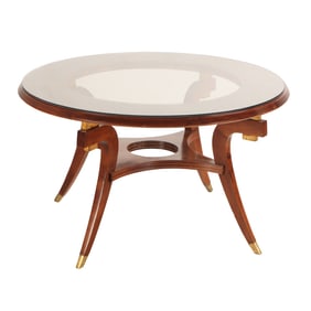 ROUND WALNUT AND BURL WALNUT GLASS TOP DINING TABLE HAVING SPLAY LEGS AND GILT HIGHLIGHTS C