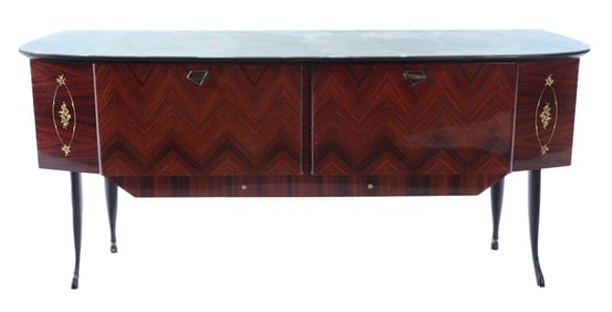 ITALIAN ROSEWOOD SIDEBOARD WITH REVERSE PAINTED FAUX MARBLE GLASS TOP, TWO DOORS AND A SINGLE