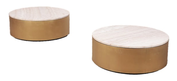 PAIR OF ITALIAN ROUND BRASS TABLES WITH TRAVERTINE TOPS