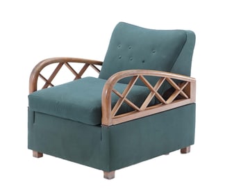 ITALIAN LOUNGE CHAIR WITH WOODEN ARMS THAT OPENS UP TO A DAY BED C 1950.