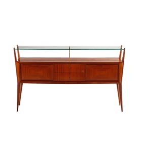 ITALIAN MAHOGANY AND GLASS SIDEBOARD C 1945 HAVING TWO DOORS AND TWO DRAWERS WITH GLASS SHELF.