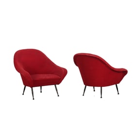 PAIR UPHOLSTERED ITALIAN SCOOP CHAIRS HAVING FLARED ARMS C 1950 ON IRON LEGS.