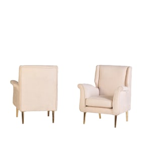 ITALIAN DESIGN UPHOLSTERED LOUNGE CHAIRS WITH RECENT FABRIC.
