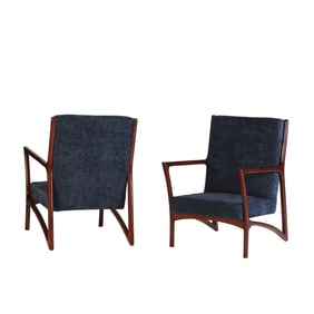 PAIR ITALIAN MAHOGANY OPEN ARM CHAIRS IN THE MANNER OF ICO PARISI HAVING NEW FABRIC,
