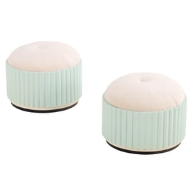 PAIR PAINTED WOOD AND UPHOLSTERED POOFS WITH RIBBED DESIGN.