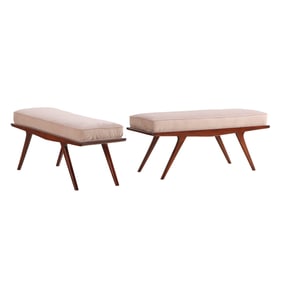 PAIR ITALIAN UPHOLSTERED BENCHES HAVING NEW FABRIC.