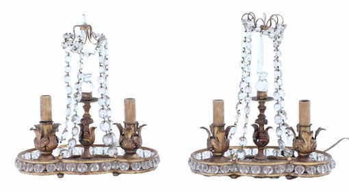 PAIR FRENCH BRONZE AND CRYSTAL TABLE LAMPS C1940 HAVING TWO LIGHTS EACH.