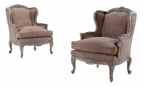 PAIR PAINTED AND CARVED LOUIS XV STYLE BERGERE CHAIRS C 1930.