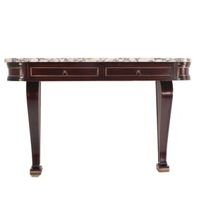 MAHOGANY BRONZE MOUNTED MARBLE TOP CONSOLE TABLE IN THE LOUIS XVI STYLE C 1940 HAVING TWO DRAWERS.