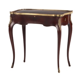 FRENCH BRONZE MOUNTED LOUIS XV STYLE KIDNEY SHAPED TABLE HAVING A LEATHER PULL OUT SLIDE AND A