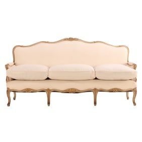 PAINTED AND GILT LOUIS XV STYLE SOFA C 1930 WITH NEW FABRIC AND LOOSE CUSHION UPHOLSTERY.