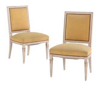PAIR PAINTED AND GILTWOOD FRENCH LOUIS XIV STYLE UPHOLSTERED SIDECHAIRS C 1940.
