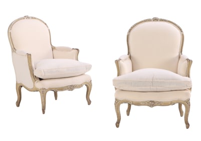 PAIR OF PAINTED FRENCH LOUIS XV STYLE UPHOLSTERED BERGERE CHAIRS C 1920 PAINTED IN TWO TONES AND