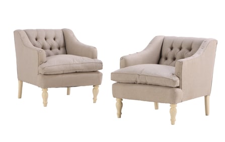NAPOLEON III STYLE LOUNGE CHAIRS C 1950 HAVING PAINTED FEET AND NEW BUTTON BACK UPHOLSTERY.