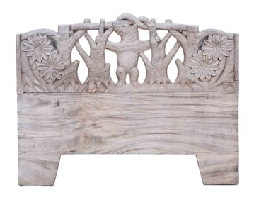 RELIEF CARVED BLEACHED MAHOGANY BLACK FOREST STYLE FULL SIZE HEADBOARD.