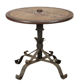 FRENCH SEVENTEENTH OR EIGHTEENTH CENTURY WOOD AND IRON TABLE TOP ON LATER IRON BASE.