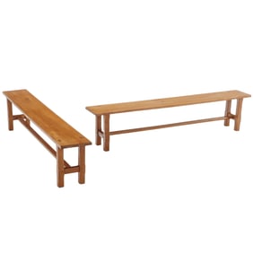 PAIR FRENCH OAK BENCHES WITH MORTIS CONSTRUCTION AND STRETCHER BASE C 1950.