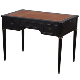 FRENCH EBONIZED MAHOGANY LOUIS XVI STYLE LEATHER TOP DESK WITH PULL OUT SLIDES C 1940.