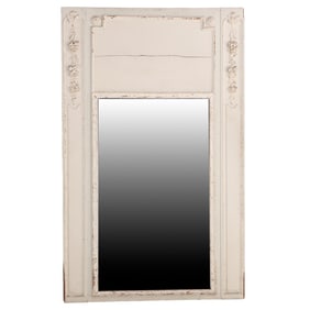 NINETEENTH CENTURY FRENCH PAINTED AND CARVED WOOD TRUMEAU MIRROR.