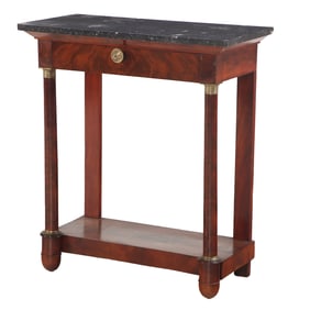 NINETEENTH CENTURY FRENCH EMPIRE CROTCH MAHOGANY MARBLE TOP CONSOLE TABLE HAVING A SINGLE DRAWER.