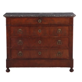 FRENCH CROTCH MAHOGANY LOUIS PHILIPPE MARBLE TOP FOUR DRAWER COMMODE C 1860.