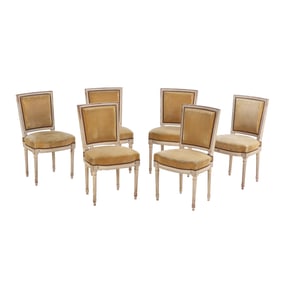 SIX PAINTED AND UPHOLSTERED LOUIS XVI STYLE DINING ROOM CHAIRS C 1930.
