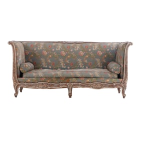 LARGE PAINTED AND CARVED FRENCH LOUIS XVI STYLE EVEN ARM SOFA C 1900.