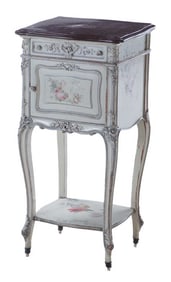 FRENCH LOUIS XV STYLE PAINT DECORATED MARBLE TOP NIGHT STAND WITH MARBLE LINED CUPBOARD C 1890.