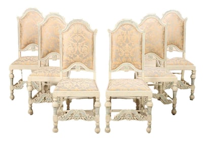 SIX UPHOLSTERED TWO-TONE PAINTED CHAIRS WITH BALUST TURNED LEGS C 1900.