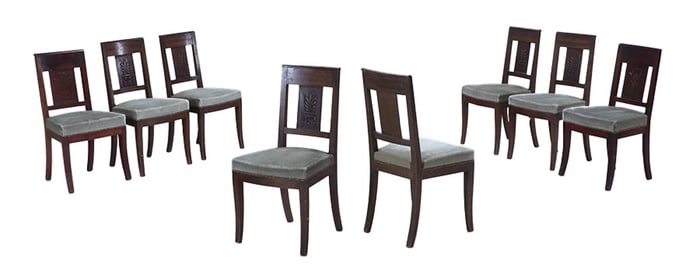 EIGHT FRENCH RESTORATION STYLE MAHOGANY DINING CHAIRS WITH CARVED BACK SPLATS INCLUDING A SET OF