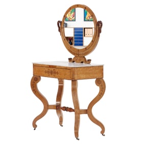 FRENCH CHARLES X INLAID MARBLE TOP DRESSING TABLE HAVING AN ADJUSTABLE MIRROR WITH SWAN HEAD