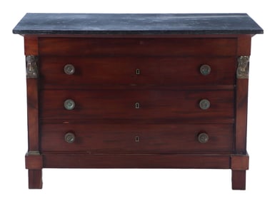FRENCH EMPIRE MAHOGANY MARBLE TOP COMMODE WITH BRASS FEMALE MOUNTS C 1840.