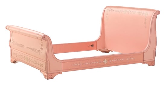 FRENCH EMPIRE STYLE SLEIGH BED UPHOLSTERED IN A PINK SILK LIKE FABRIC WITH WHITE APPLIQUES.