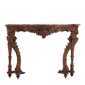 CARVED WALNUT FRENCH CONSOLE TABLE IN THE LOUIS XV STYLE HAVING A BEAUTIFUL SHAPED MARBLE TOP C