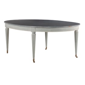 LARGE PAINTED FRENCH DINING TABLE IN THE DIRECTOIRE STYLE HAVING TAPERED LEGS.