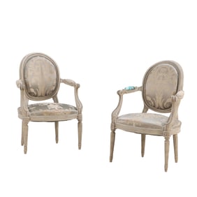 PAIR PAINTED FRENCH LOUIS XV STYLE OPEN ARM CHAIRS C 1940.