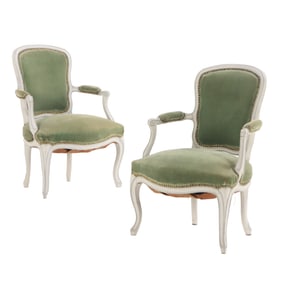 PAIR FRENCH EIGHTEENTH CENTURY LOUIS XV PAINTED ARMCHAIRS.