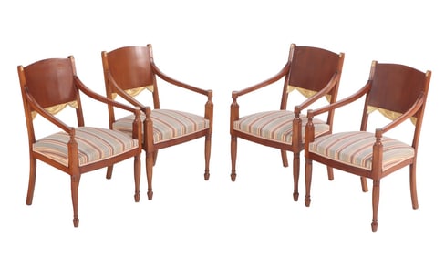 FOUR RUSSIAN STYLE MAHOGANY AND GILTWOOD OPEN ARMCHAIRS C 1940.