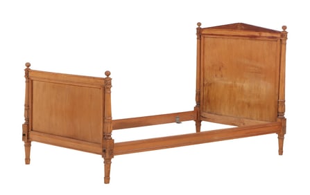 A LATE NINTEENTH CENTURY FRENCH DIRECTOIRE STYLE TWIN SIZE BED. DISMANTLES.